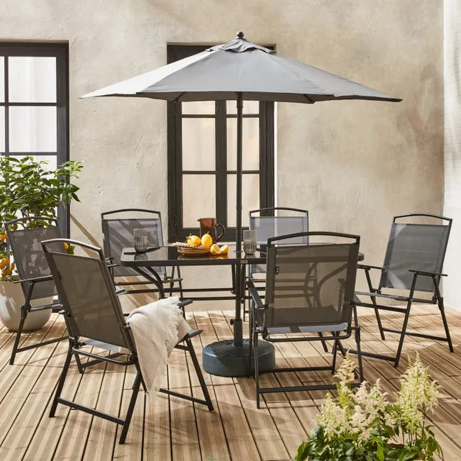 Mesa de jardim em aço, 6 poltronas e 1 guarda-sol, Sonia, Cinza, 140x8